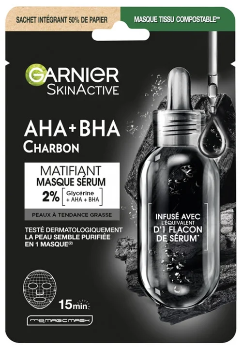 Garnier SkinActive AHA + BHA Charbon Tissue Mask Mattifying Serum 28 ml