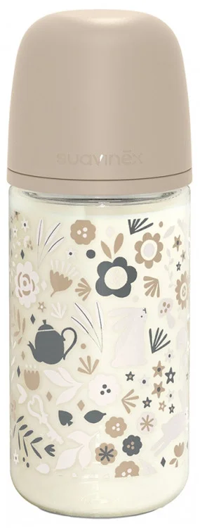 Suavinex Wonderland Glass Bottle Symmetrical Nipple Medium Flow 240 ml 3 Months and up – Colour: Beige