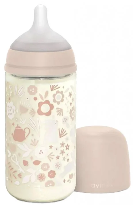 Suavinex Wonderland Glass Bottle Symmetrical Nipple Medium Flow 240 ml 3 Months and up – Colour: Pink